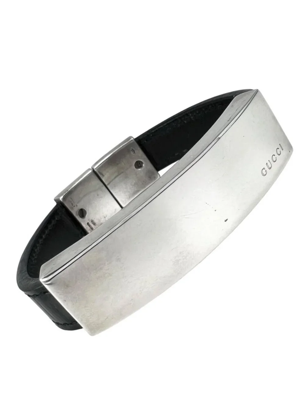 Gucci Logo Leather Silver Black Bangle Bracelet